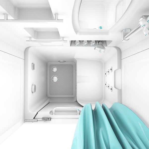 Begehbare Badewanne mit Duschfunktion, Haltegriffen, Massagedüsen und rutschfestem Boden in der Draufsicht.