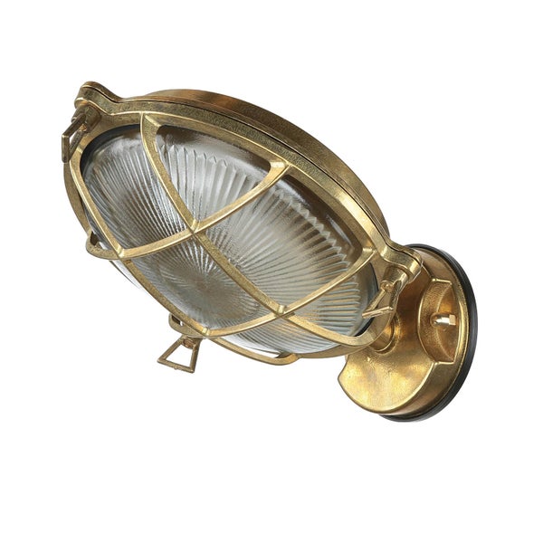 Goldene Außenleuchte mit Schutzgitter und geriffeltem Glas