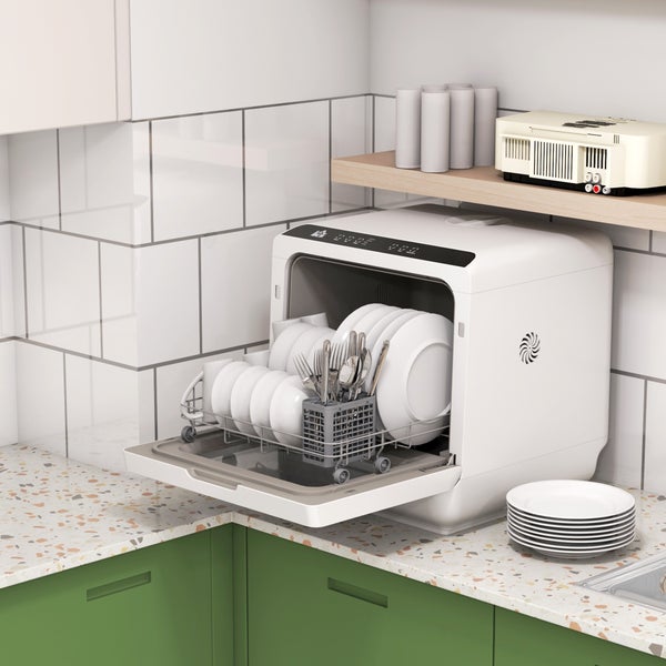 HOMCOM Tischgeschirrspüler mit/ohne Wasseranschluss benutzbar Mini Geschirrspüler mit Platz für 4 Maßgedecke, 6 Programmen, eingebautem 6-Liter-Wassertank, für Büro,Camping, Wohnmobil, Weiß