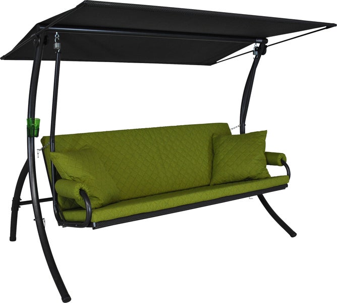 Gartenschaukel mit Dach, grünen Kissen und Stahlrahmen