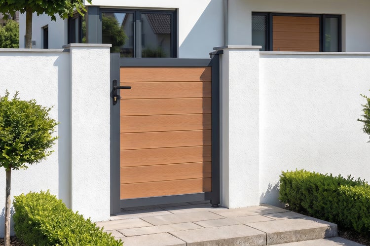 Modernes Gartentor mit horizontalen Lamellen in Holzoptik und dunkelgrauem Metallrahmen zwischen zwei weißen Mauerpfeilern.