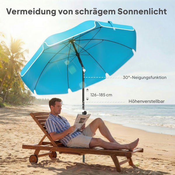 Blauer Sonnenschirm mit 30 Grad Neigungsfunktion und Höhenverstellung von 126 bis 185 Zentimeter am Strand mit Sonnenliege.