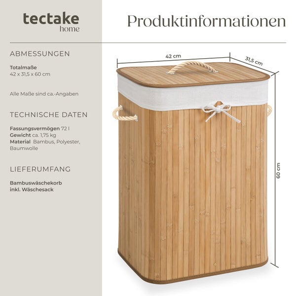 Tectake Home Bambuswäschekorb mit Deckel und Wäschesack, 72 Liter Fassungsvermögen, Maße 42 mal 31,5 mal 60 Zentimeter, Material Bambus