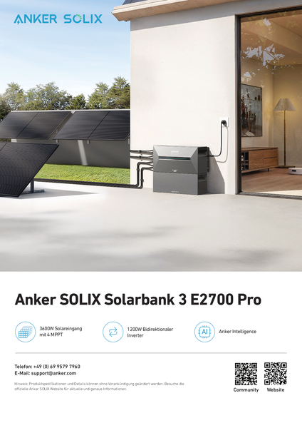 Anker SOLIX Solarbank 3 E2700 Pro mit Solarmodulen an einer Hauswand