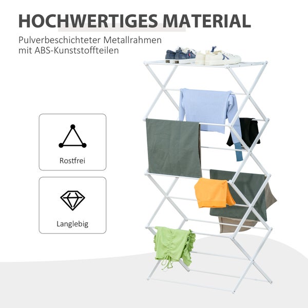 HOMCOM Wäscheständer, 74 x 35 x 144 cm, Metal, Kunststoff, Weiß