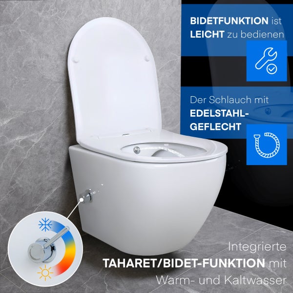 Wandhängendes Dusch-WC mit leicht bedienbarer Taharet-Bidet-Funktion für Warm- und Kaltwasser und Schlauch mit Edelstahl-Geflecht.