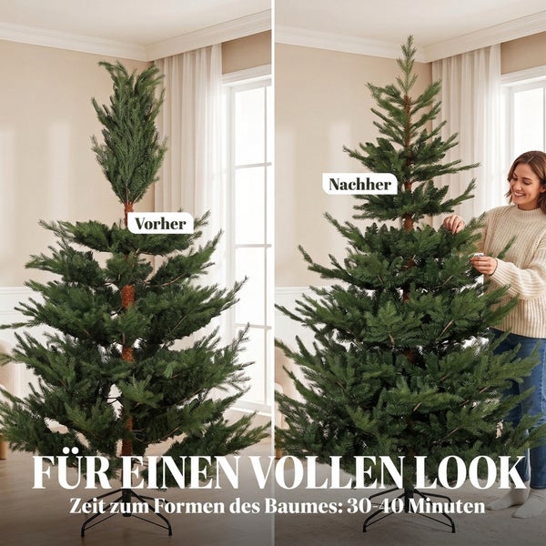 Vorher und Nachher Vergleich eines kunstlichen Weihnachtsbaumes zur Veranschaulichung des Formens der Zweige fur ein volles Erscheinungsbild.