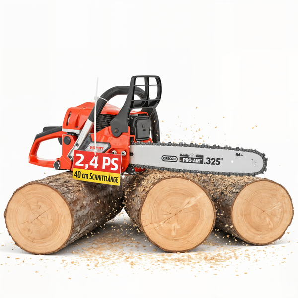 Motorsäge mit 2,4 PS und 40 cm Schnittlänge auf Baumstämmen