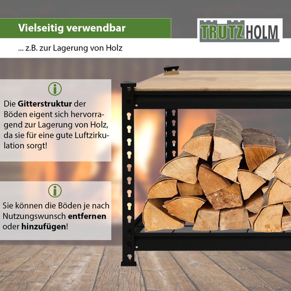 Trutzholm Holzregal mit Gitterstruktur zur optimalen Holzlagerung und Belüftung, inklusive Informationen zur flexiblen Gestaltung der Fachböden.