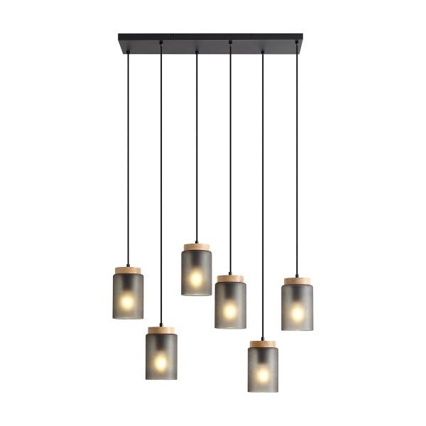 Sechsflammige Hängeleuchte mit zylindrischen Schirmen aus Rauchglas, Holzelementen und schwarzer Deckenhalterung.