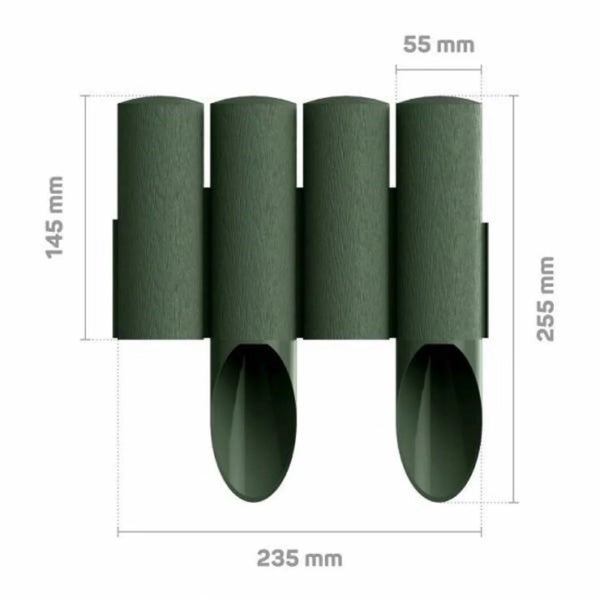 Grüne Rasenkante aus Kunststoff, Holzoptik, Breite 235 Millimeter, Höhe 255 Millimeter, sichtbare Höhe 145 Millimeter.