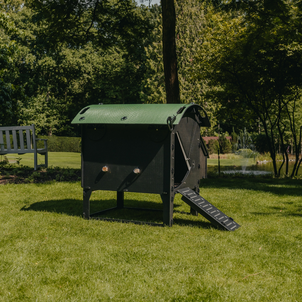 Moderner Hühnerstall aus Kunststoff mit Rampe und aufklappbarem Dach in einem hellen, weitläufigen Garten mit Rasenfläche und Teich.