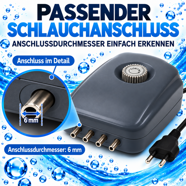 Aquarium Luftpumpe mit einer Leistung von 360 Litern pro Stunde vor der Produktverpackung