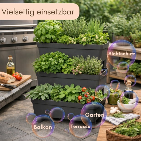 Dreistöckiger Kräutergarten mit verschiedenen Kräutern und Gemüsesorten für Balkon, Terrasse, Garten und als Sichtschutz