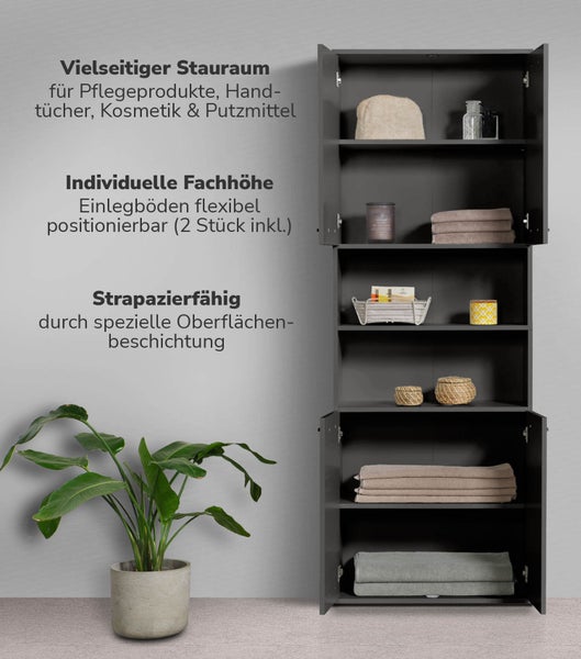 Badezimmer mit Waschtisch, Spiegelschrank, Unterschrank und Hochschrank der Serie basiqs