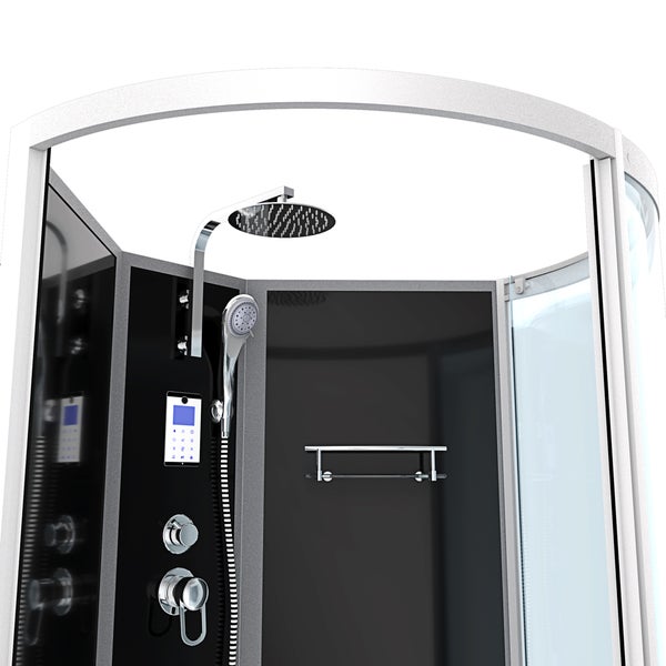 Duschkabine mit Regenduschkopf, Handbrause, digitalem Bedienfeld und schwarzen Rückwänden.