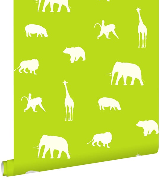 Tapetenrolle mit Tiermotiven wie Elefanten, Löwen und Giraffen
