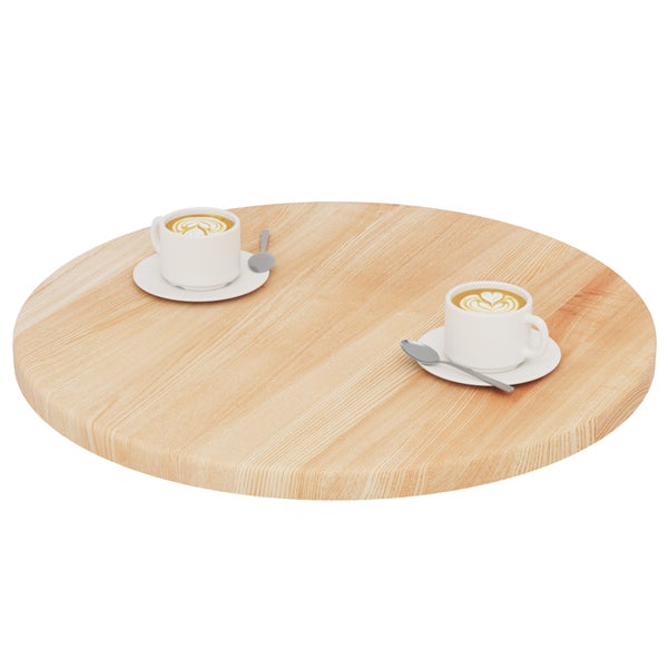 Runde Tischplatte aus hellem Holz mit sichtbarer Maserung und zwei Tassen Kaffee auf der Oberfläche.
