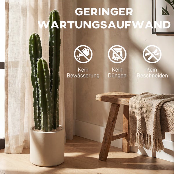 Künstlicher Säulenkaktus im Topf in hellem Raum. Symbole für geringen Wartungsaufwand: kein Gießen, kein Düngen, kein Beschneiden.