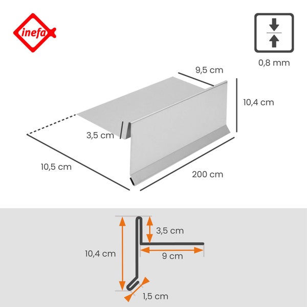 Inefa Logo. Dachprofil aus Metall mit Maßen 200 Zentimeter mal 10,4 Zentimeter und einer Materialstärke von 0,8 Millimeter.