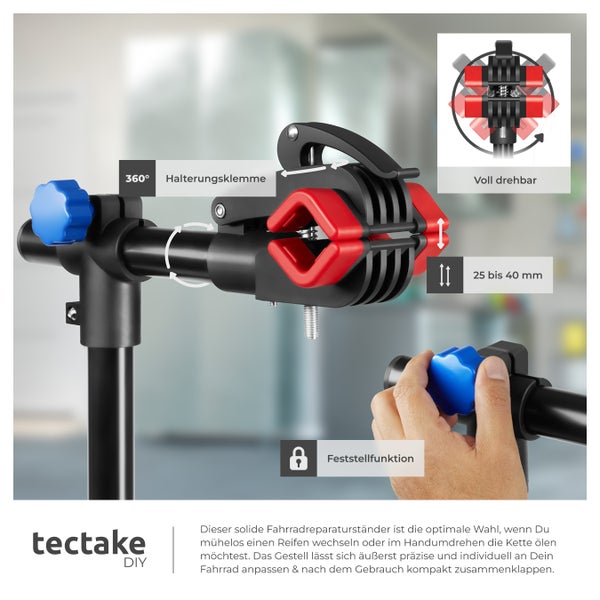 Fahrradmontageständer tectake  inklusive Werkzeugablage klappbar, für alle gängigen Modelle schwarz