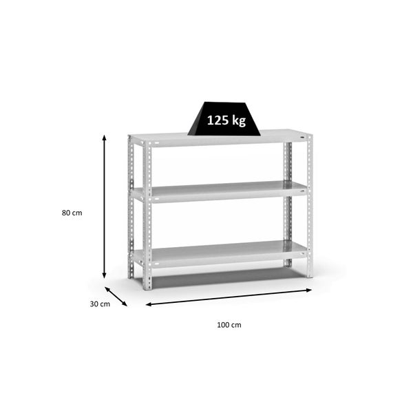 PROREGAL Fachbodenregal Schraubsystem Light-Duty Grundregal HxBxT 80 x 100 x 30 cm 3 Ebenen Fachlast 125 kg Beidseitig Nutzbar Lichtgrau