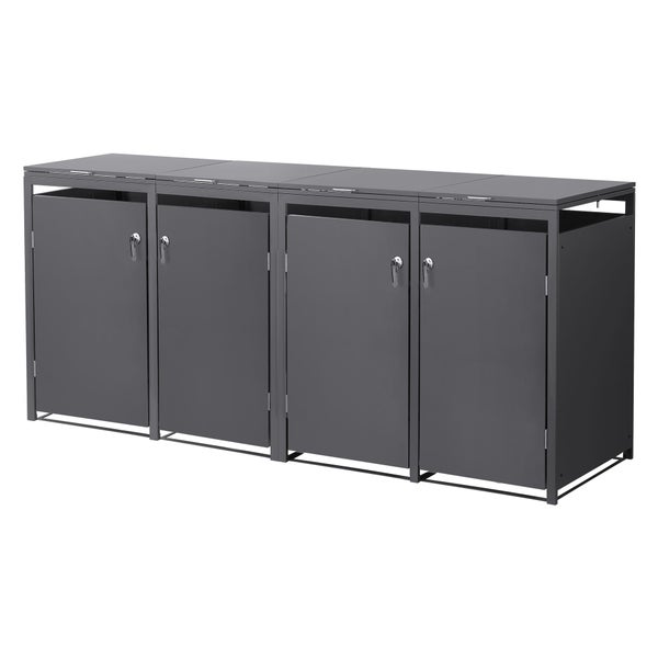Mülltonnenbox für 4 Mülltonnen aus Metall in Anthrazit mit Flachdach und Türen.