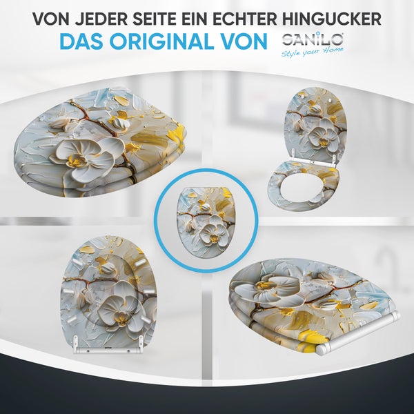 Sanilo WC Sitz mit Orchideen Motiv in verschiedenen Ansichten für eine stilvolle Badezimmergestaltung.