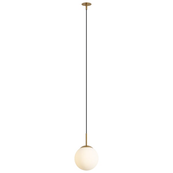Moderne Pendelleuchte mit einer Glaskugel an einer dünnen Stange und Deckenbefestigung