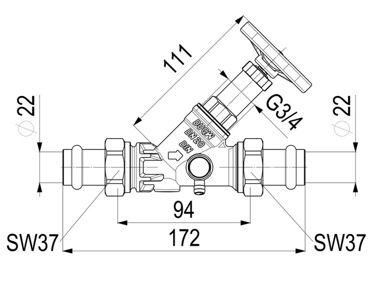 Technische Zeichnung eines Schrägsitzventils mit Pressanschluss, Durchmesser 22 Millimeter, Gesamtlänge 172 Millimeter.