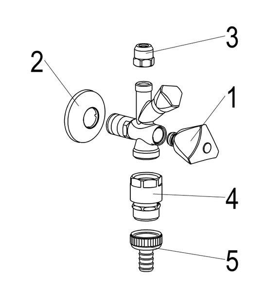 Explosionszeichnung eines Kombi-Eckventils mit nummerierten Einzelteilen wie Griff, Wandrosette und Schlauchanschluss.