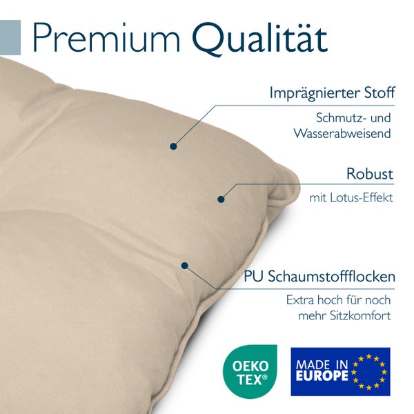 Polsterkissen aus wasserabweisendem Stoff mit Lotus-Effekt und Polyurethan-Schaumstoffflocken. Oeko-Tex Siegel und Made in Europe Logo.