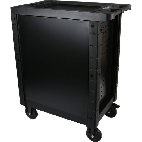 Schwarzer Werkzeugwagen mit Rollen und abschließbarer Tür