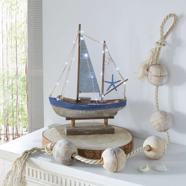 FRANK FLECHTWAREN | LED-Deko Segelschiff, 35,5 x 11,5 x 48 cm, HOLZ, KUNSTSTOFF, SISAL, METALL