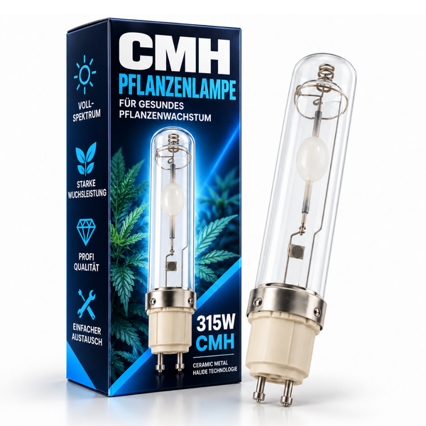 CMH Pflanzenlampe 315 Watt für gesundes Pflanzenwachstum mit Keramik Metall Halogenid Technologie und Verpackungskarton.
