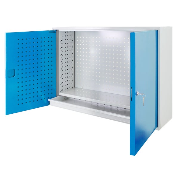 PROREGAL Werkzeugwandschrank mit 2 Türen 1 Fachboden 1 Schublade HxBxT 75,5 x 105 x 31 cm Lichtgrau Blau