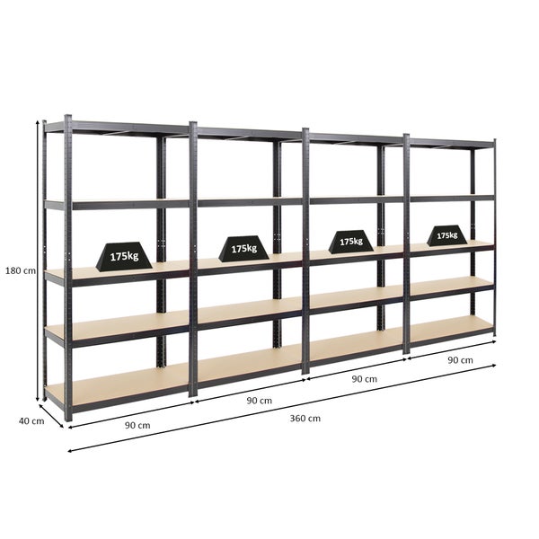 PROREGAL Mega Deal 4x Schwerlastregal Ragnar HxBxT 180 x 90 x 40 cm Fachlast 175 kg Schwarz
