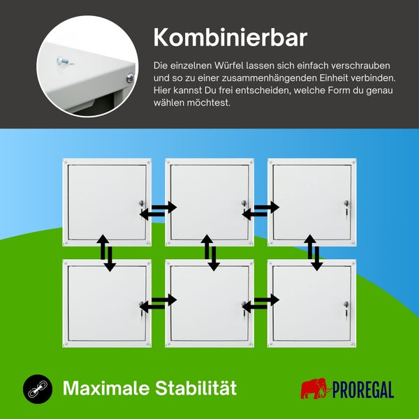 Kombinierbare Schließfachwürfel aus Metall, die für maximale Stabilität miteinander verschraubt werden können. PROREGAL Logo.