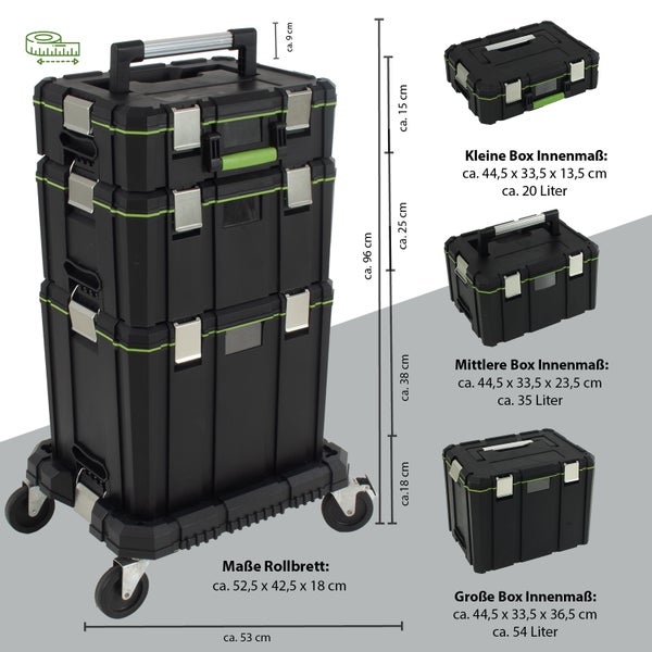 Werkzeugkoffer Turm mit Rollbrett und verschiedenen Boxgrößen