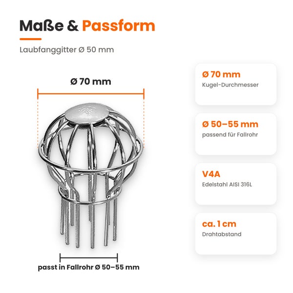 Laubfanggitter aus V4A Edelstahl fuer Fallrohre mit 50 bis 55 Millimeter Durchmesser und 70 Millimeter Kugelumfang.