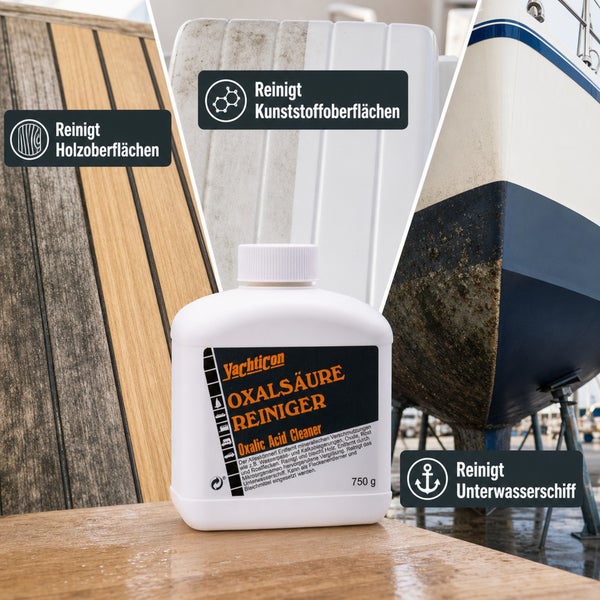 Yachticon Oxalsäure Reiniger zur Entfernung von Verschmutzungen auf Holz, Kunststoff und Unterwasserschiffen.
