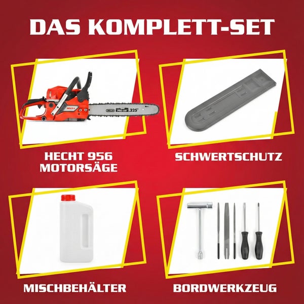 Hecht 956 Motorsäge Komplettset mit Schwertschutz, Mischbehälter und Bordwerkzeug