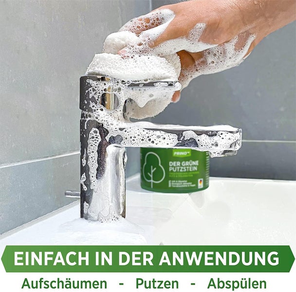 PRINOX® Der Grüne Putzstein 950g inkl. Handschwamm Nachhaltiger Universal Allzweckreiniger Jahresvorrat je Dose Öko Reiniger für Küche, Bad, Fenster, Sneaker, Ceranfeld, WC Made in DE