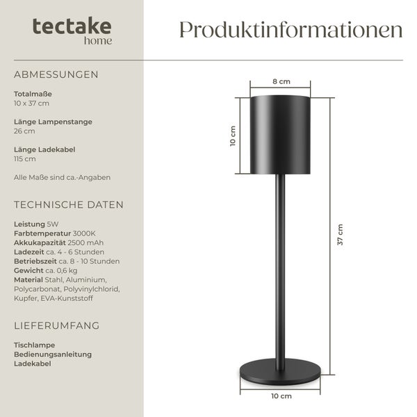 tectake Corly Retro-Tischlampe Corly, LED, 7 Lichtfarben, dimmbar 10 x 37 cm schwarz