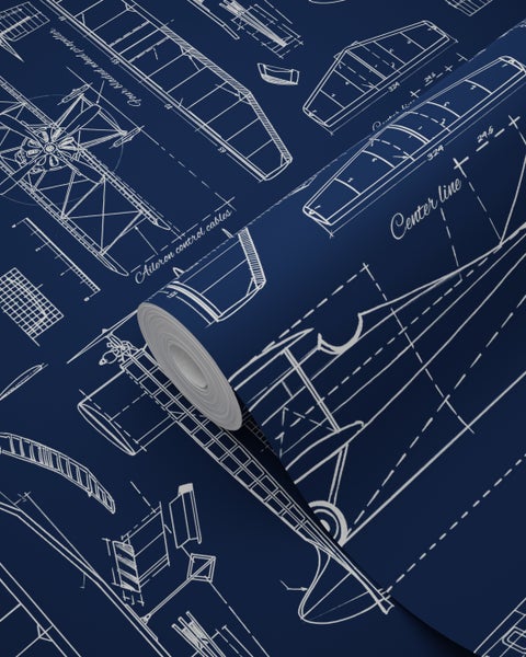 Tapetenrolle mit Flugzeug-Bauplan-Motiv