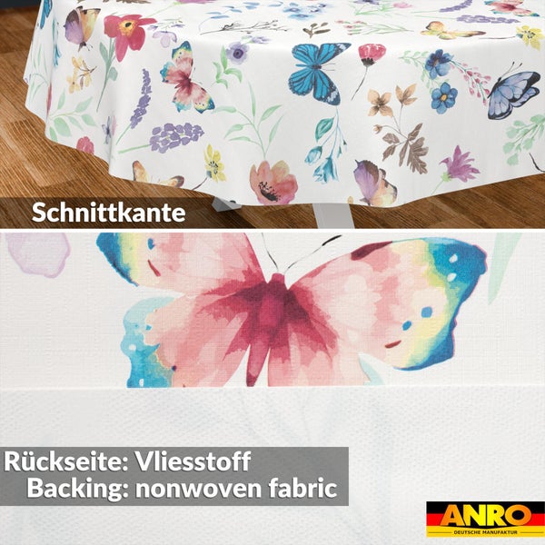 Wachstuch-Tischdecke mit Schmetterlings- und Blumenmuster, Rückseite aus Vliesstoff und Schnittkante. ANRO Logo.