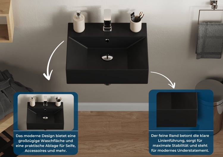 Aqua Bagno Loft Waschbecken KS.AN.50 – 50 x 42 cm – Schwarz Matt – Keramikbecken mit Hahnloch & Überlauf