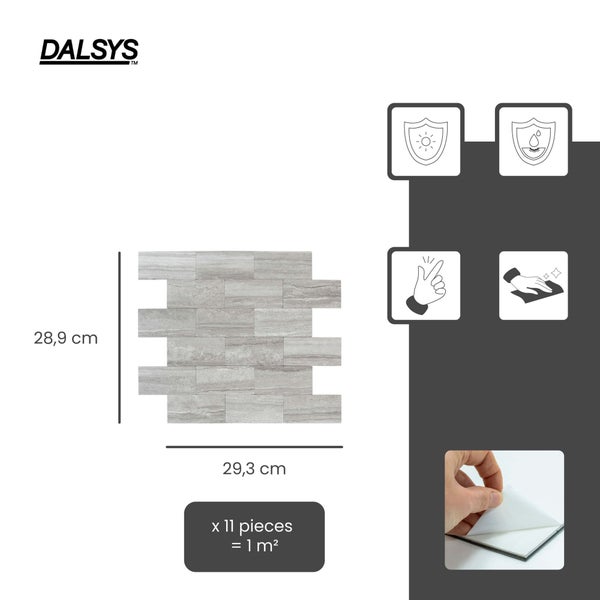 Dalsys Logo, selbstklebende Mosaikfliese in Steinoptik, Maße 28,9 mal 29,3 Zentimeter, 11 Stück für 1 Quadratmeter, Symbole für Produkteigenschaften.