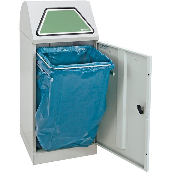 Wertstoffsammler aus Metall mit geöffneter Fronttür, blauem Müllsack, grüner Einwurfklappe und Stumpf Logo.