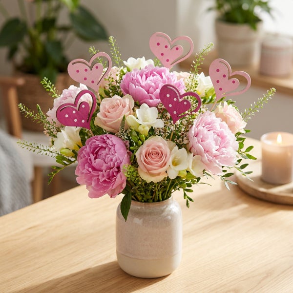 Blumenstrauß aus Pfingstrosen und Rosen mit Herzsteckern in einer Vase auf einem Holztisch mit Kerze